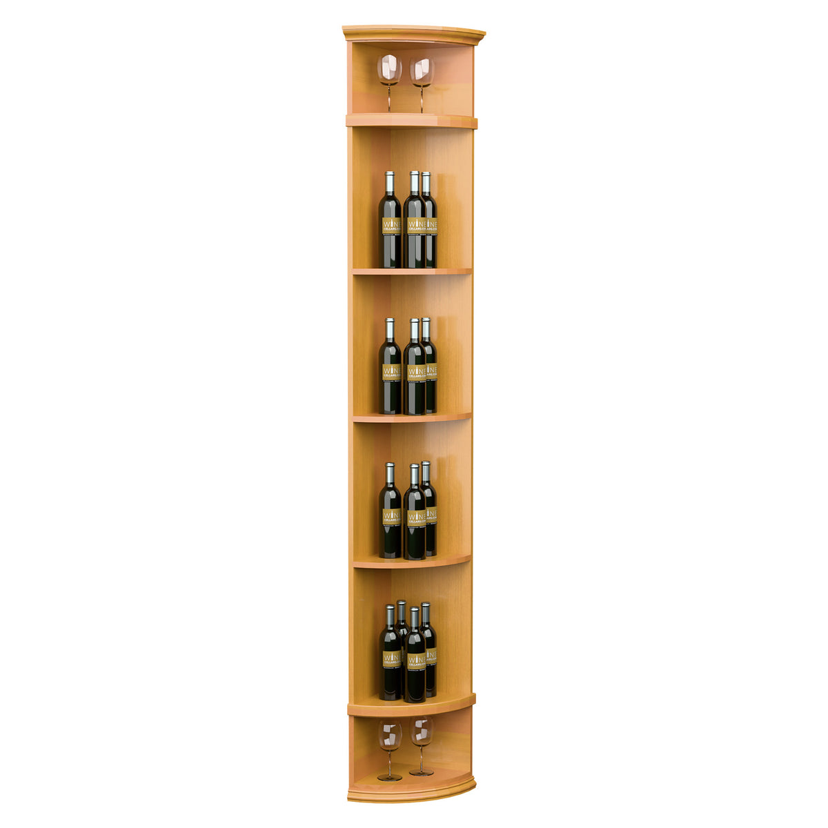 Wood corner wine rack with round base, stacked bottle shelves, and two glass holders at top