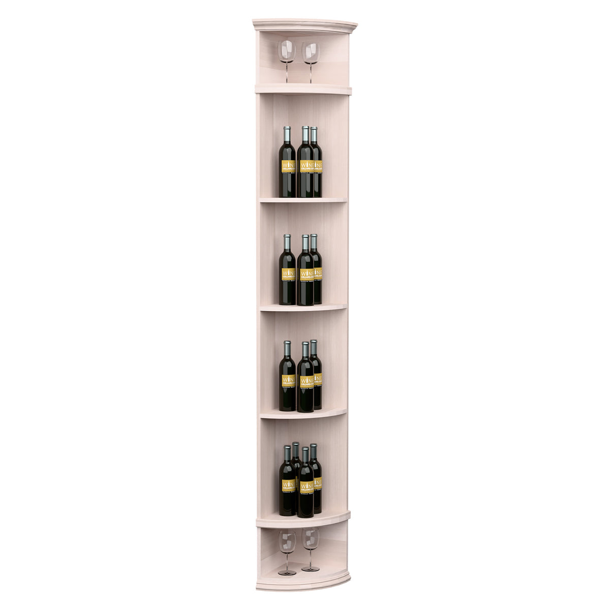 Pale corner wine shelf with round base, tiered bottle storage, and two top stemware holders