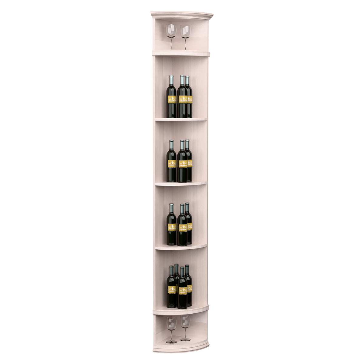 White-finished corner wine rack with round base, multiple shelves for bottles, and top glass holders