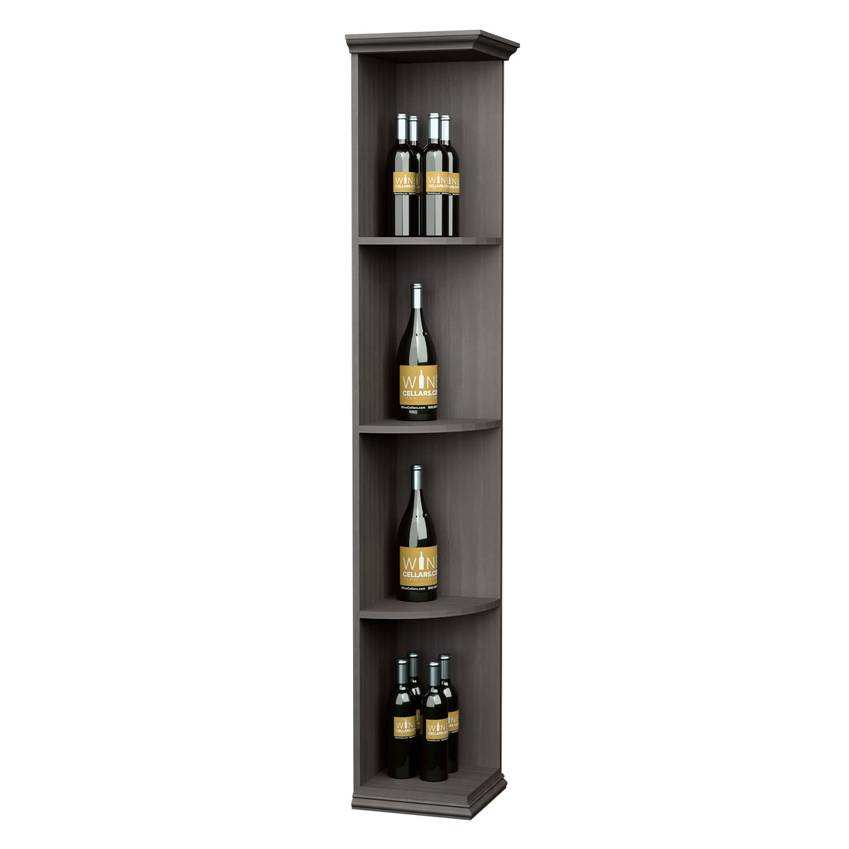 Dark wood quarter-round wine shelf with square base, 4 curved tiers holding bottles.