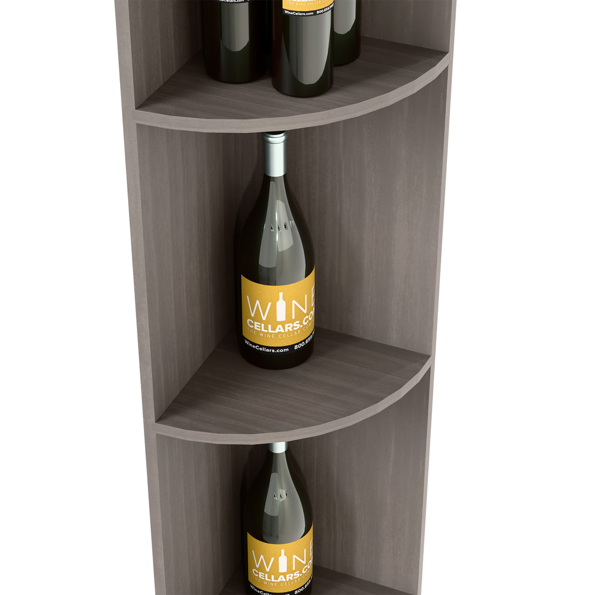 Dark wood quarter-round wine shelf corner, two curved shelves with wine bottles.