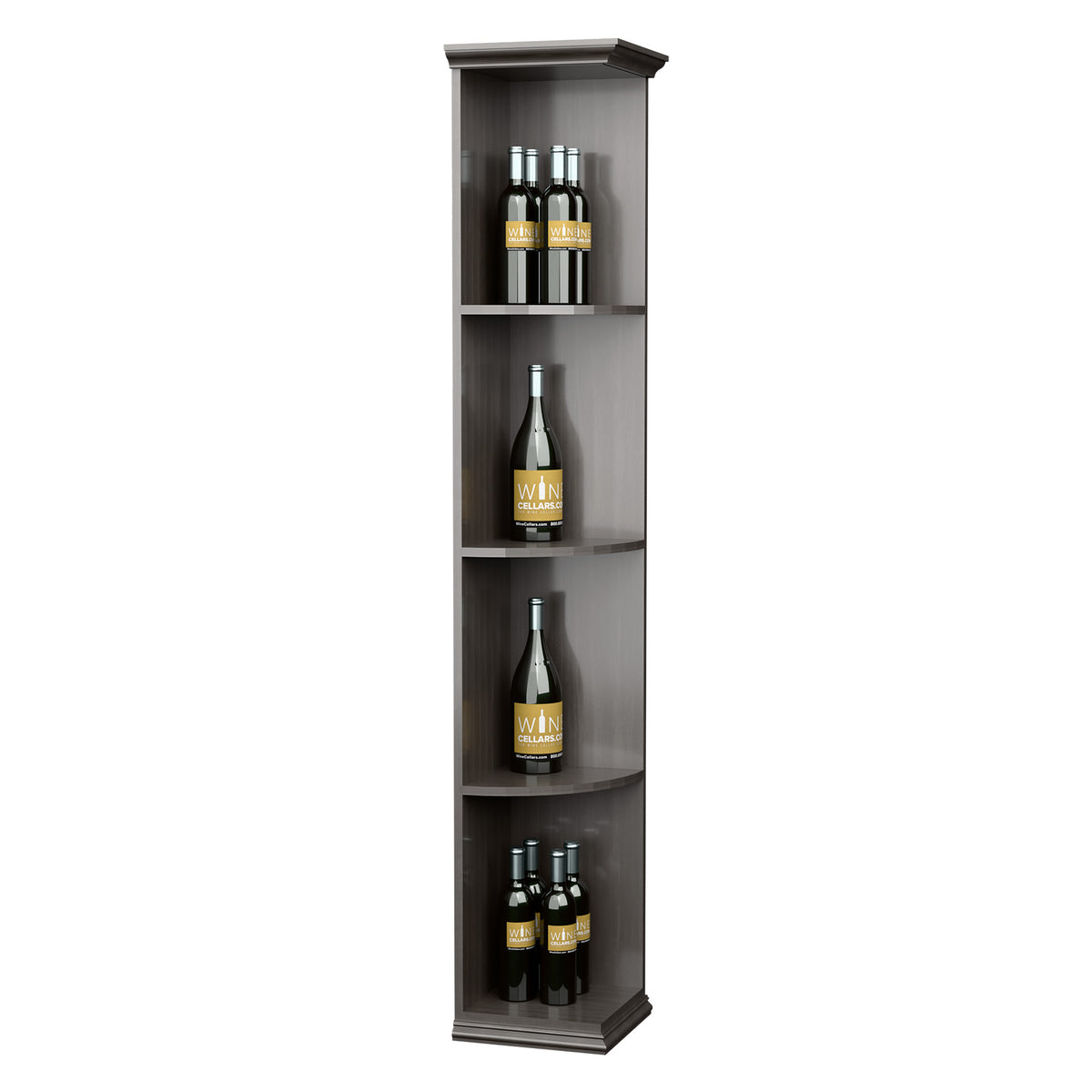 Dark wood corner wine shelf, square base and four curved tiers holding wine bottles.
