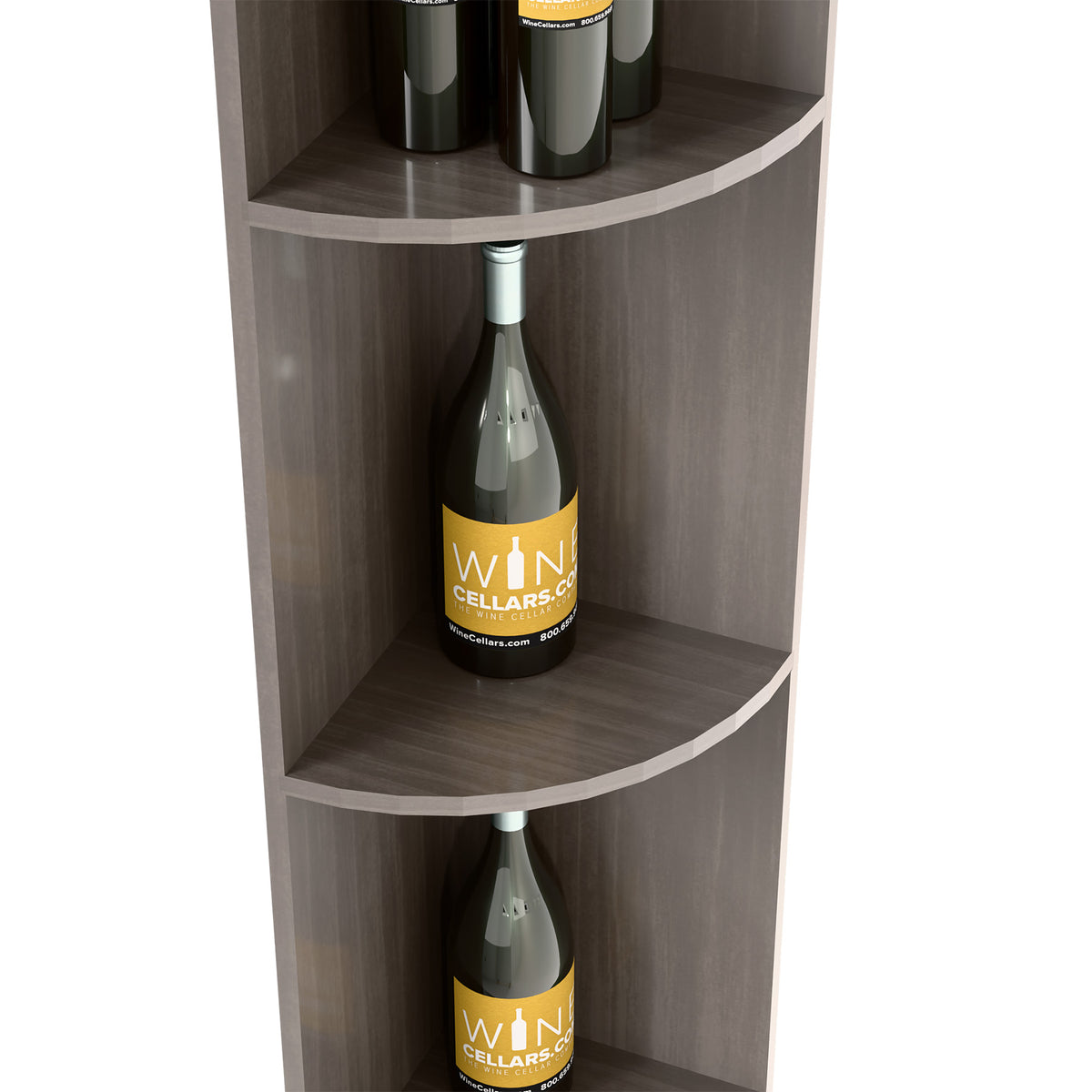 Dark wood quarter-round corner wine shelf, curved middle tier with a wine bottle.