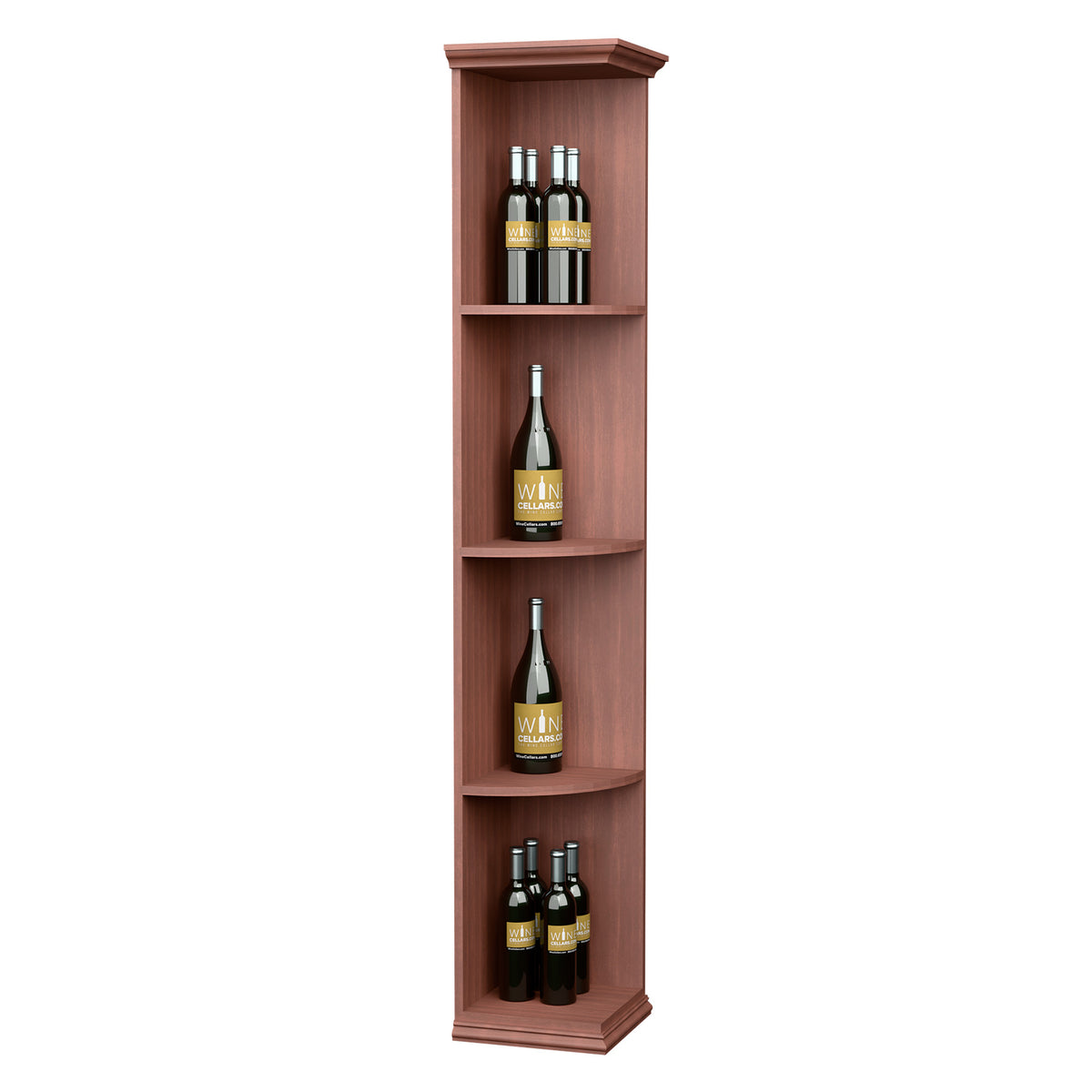 Redwood-toned quarter-round wine shelf with square base, four curved tiers and bottles.