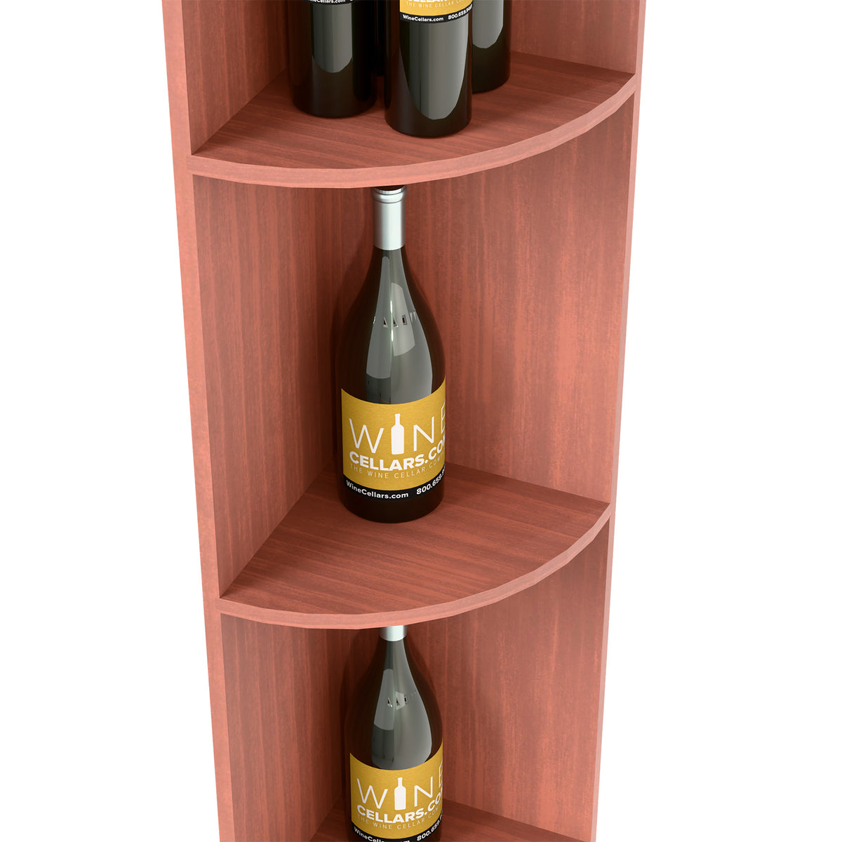 Redwood-toned quarter-round wine shelf corner, two curved shelves with wine bottles.