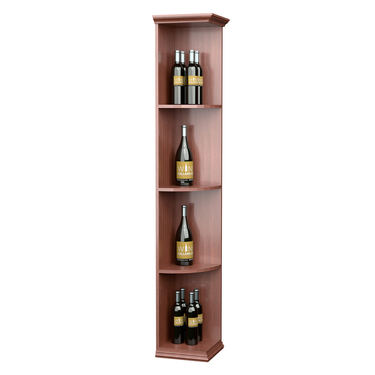 Redwood-toned corner wine shelf, square base and four curved tiers holding wine bottles.