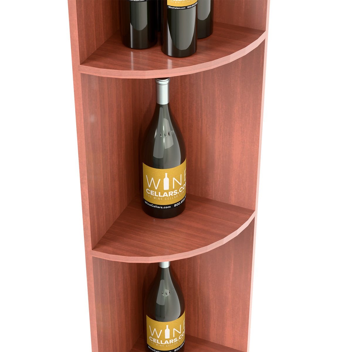 Redwood-toned quarter-round wine shelf corner, curved lower shelf with a wine bottle.