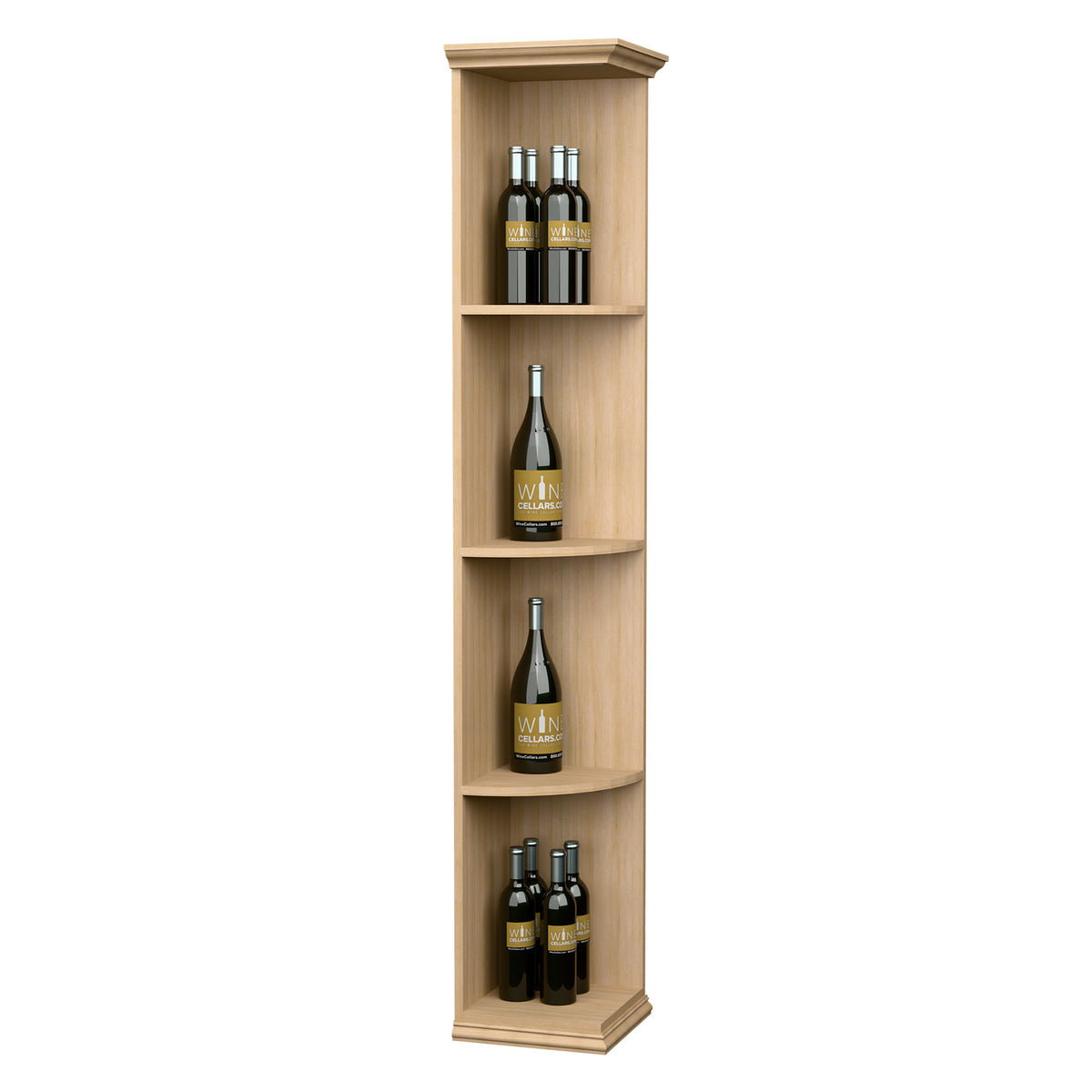 Light wood quarter-round wine shelf with square base, four curved tiers holding bottles.
