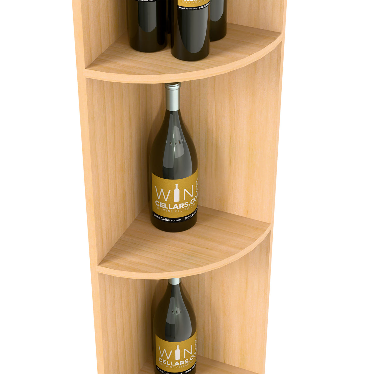 Light wood quarter-round wine shelf corner, two curved shelves with wine bottles.