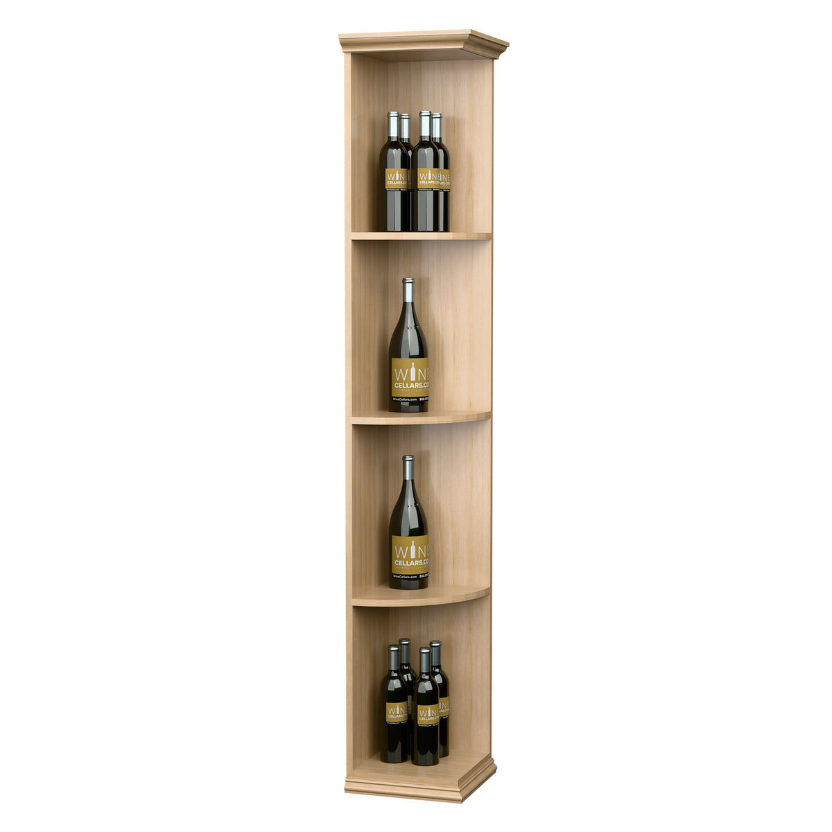 Quarter-round corner shelf with square base, light wood, four bottle niches