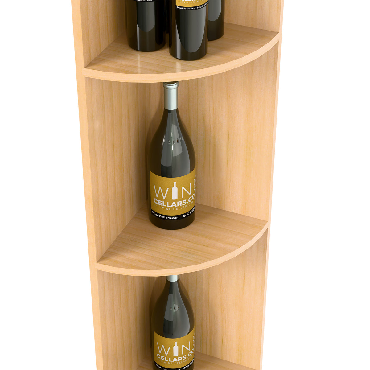 Quarter-round bottle shelf with curved cubby tiers in light wood