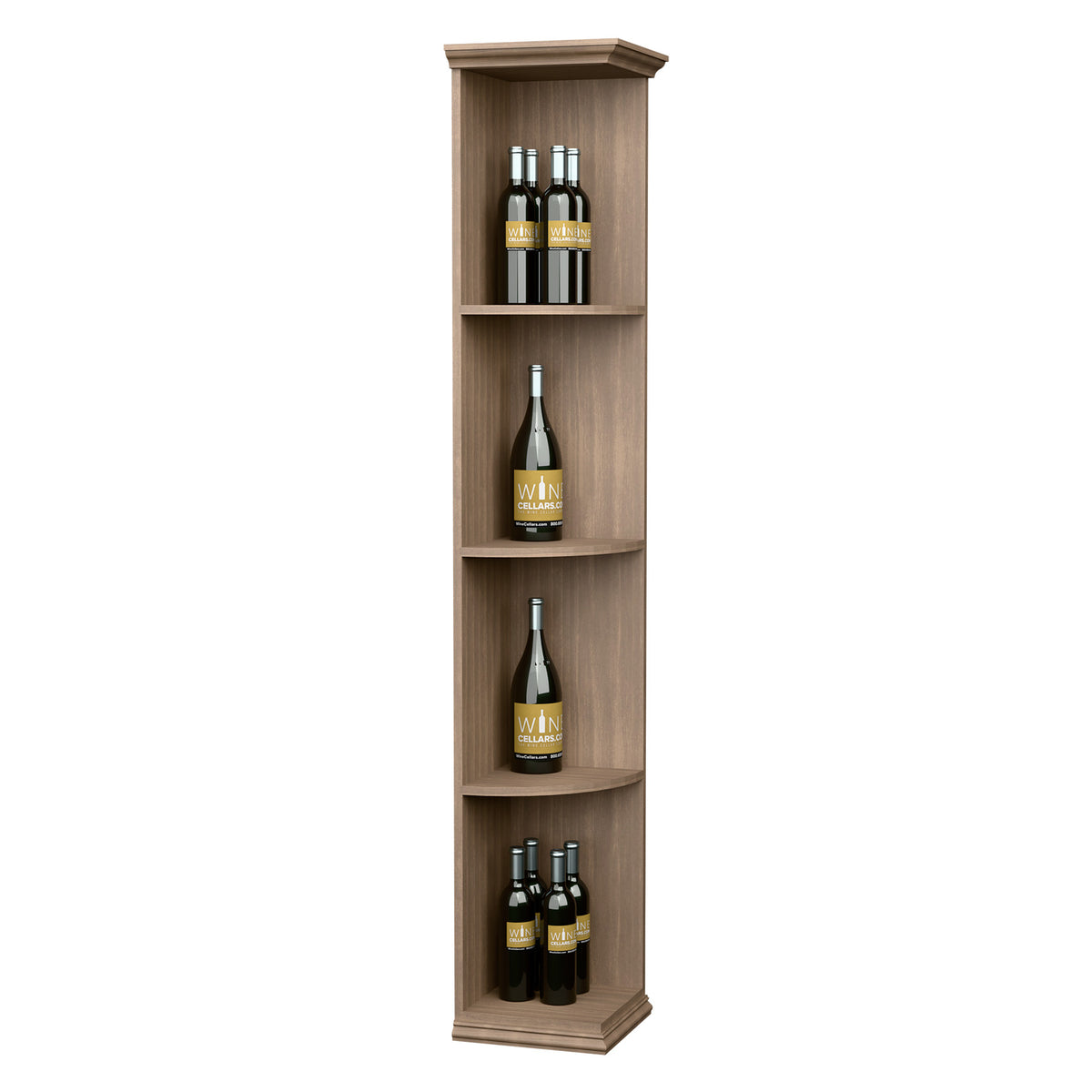 Tall quarter-round corner shelf with square base, light wood and bottle display