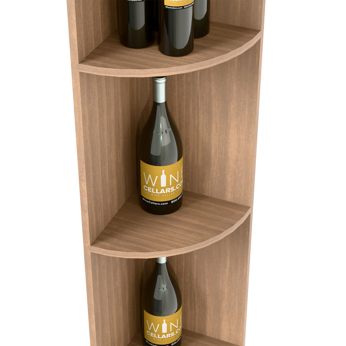 Quarter-round bottle shelf with curved shelves in light wood, two bottles