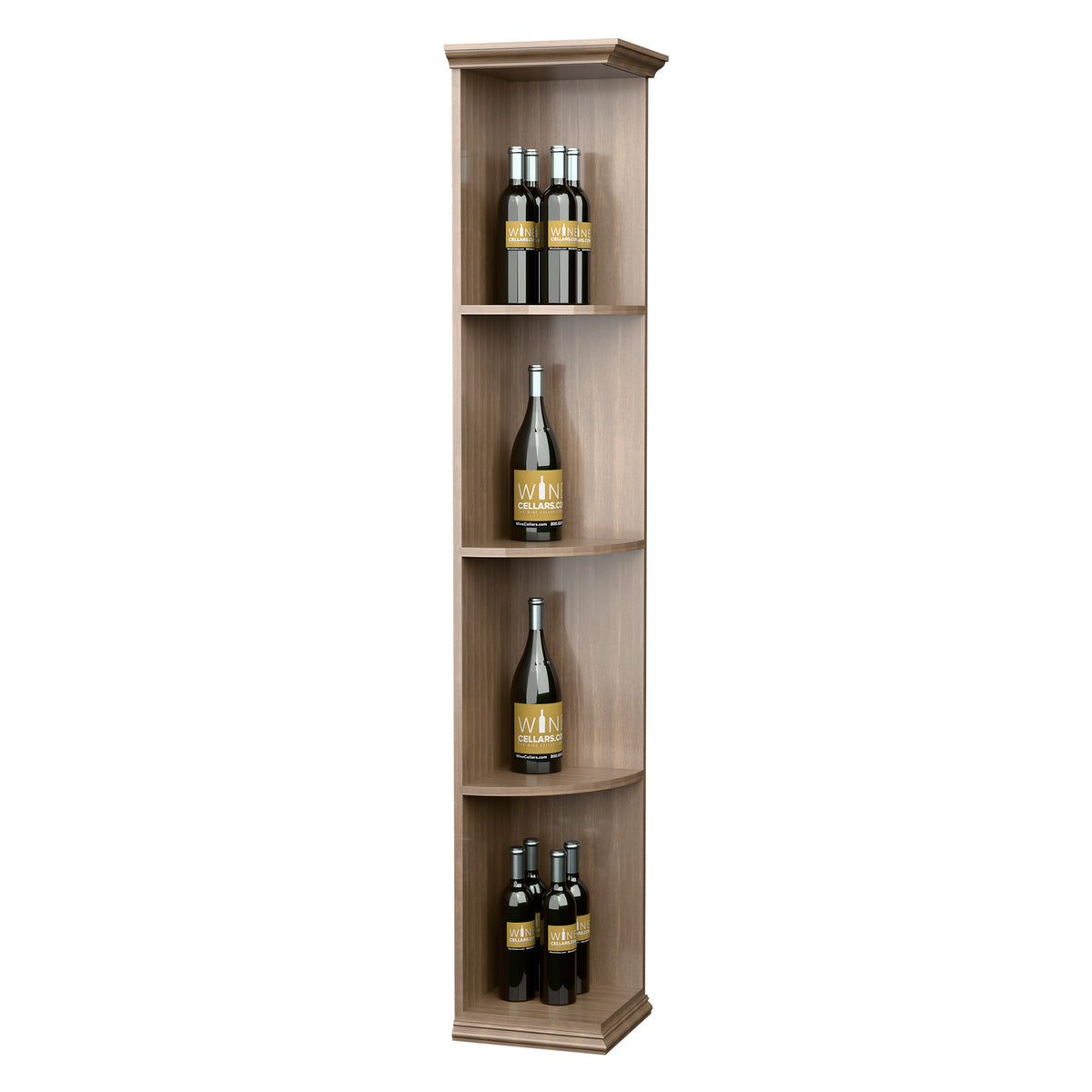 Tall quarter-round corner shelf with square base in light wood, four bottles