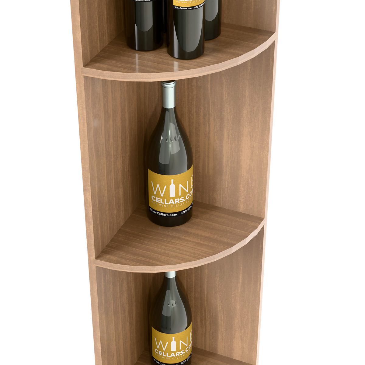 Quarter-round bottle shelf with curved cubbies in light wood, two bottle views