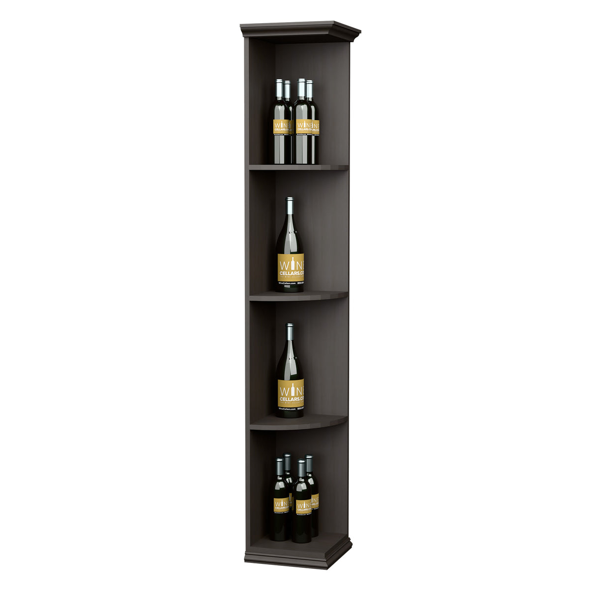Quarter-round corner shelf with square base, dark finish, four bottle niches