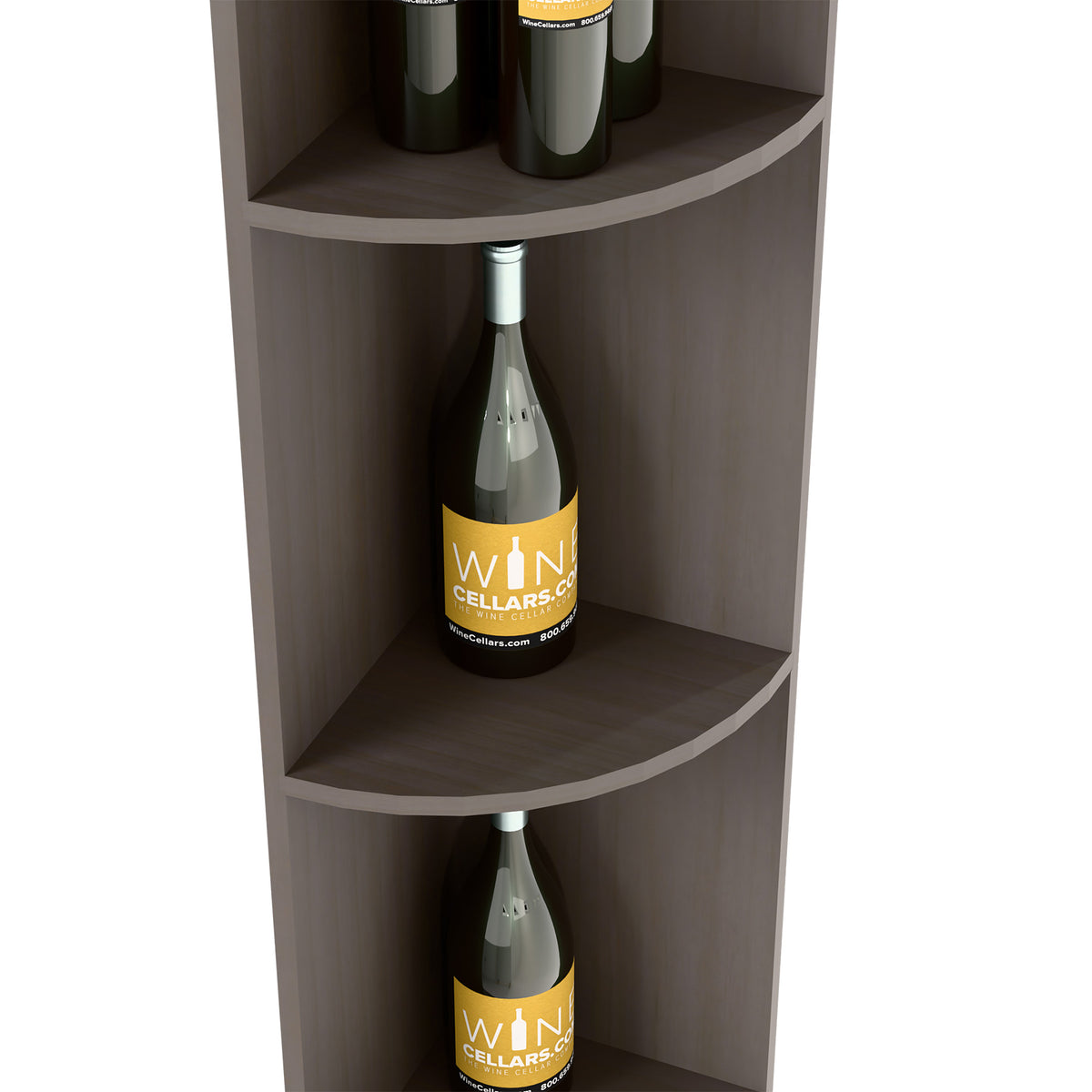 Quarter-round bottle shelf with curved shelves in dark finish, single bottle front