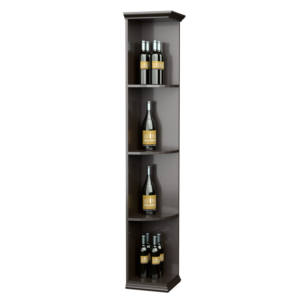 Tall quarter-round corner shelf with square base, dark finish, bottle display