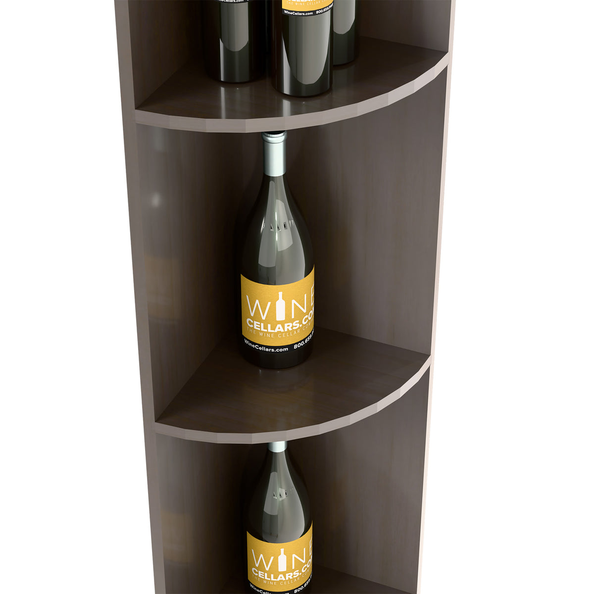 Quarter-round bottle shelf with curved cubbies in dark finish, two bottles