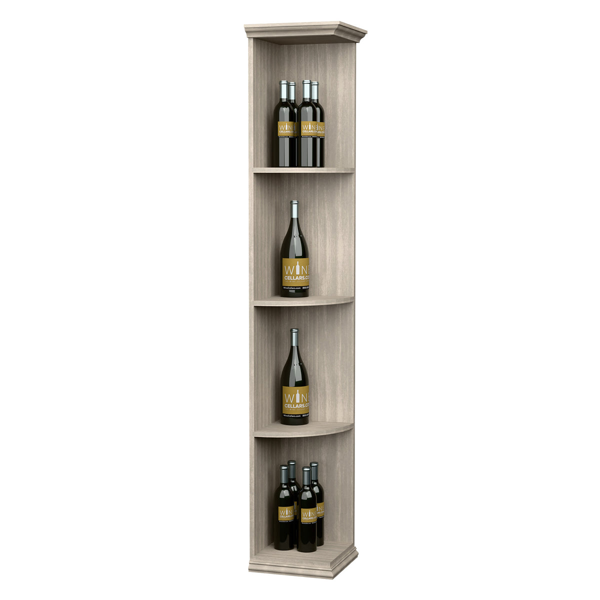 Solid corner wine shelf with square base and curved quarter-round tiers, light grey wood