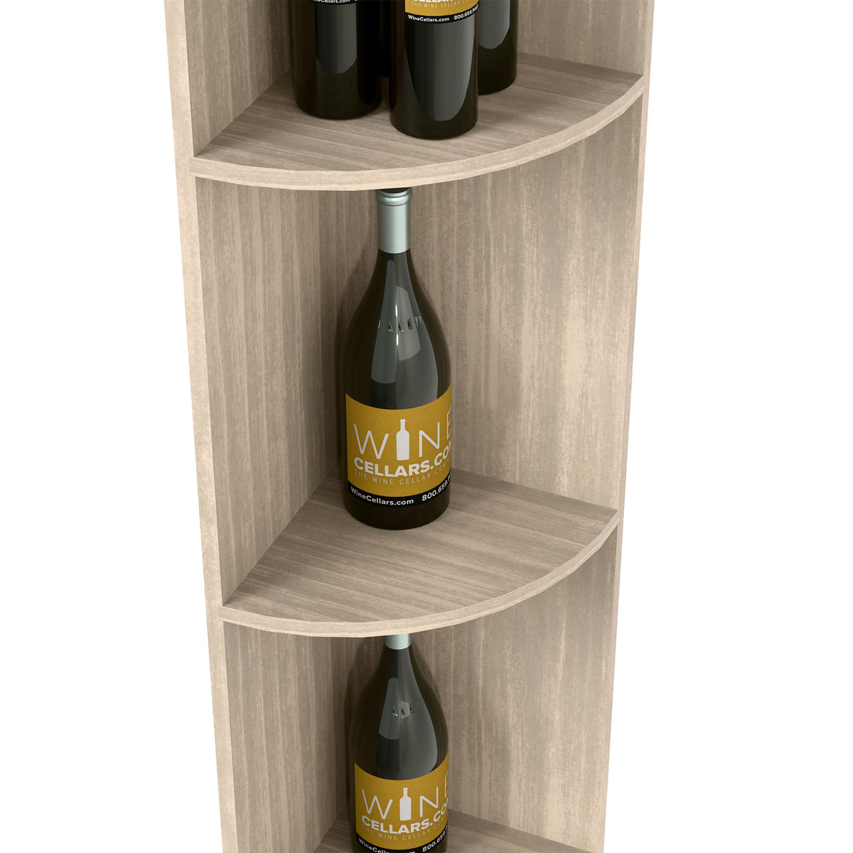 Corner wine shelf detail: curved quarter-round middle shelves holding wine bottles, light grey