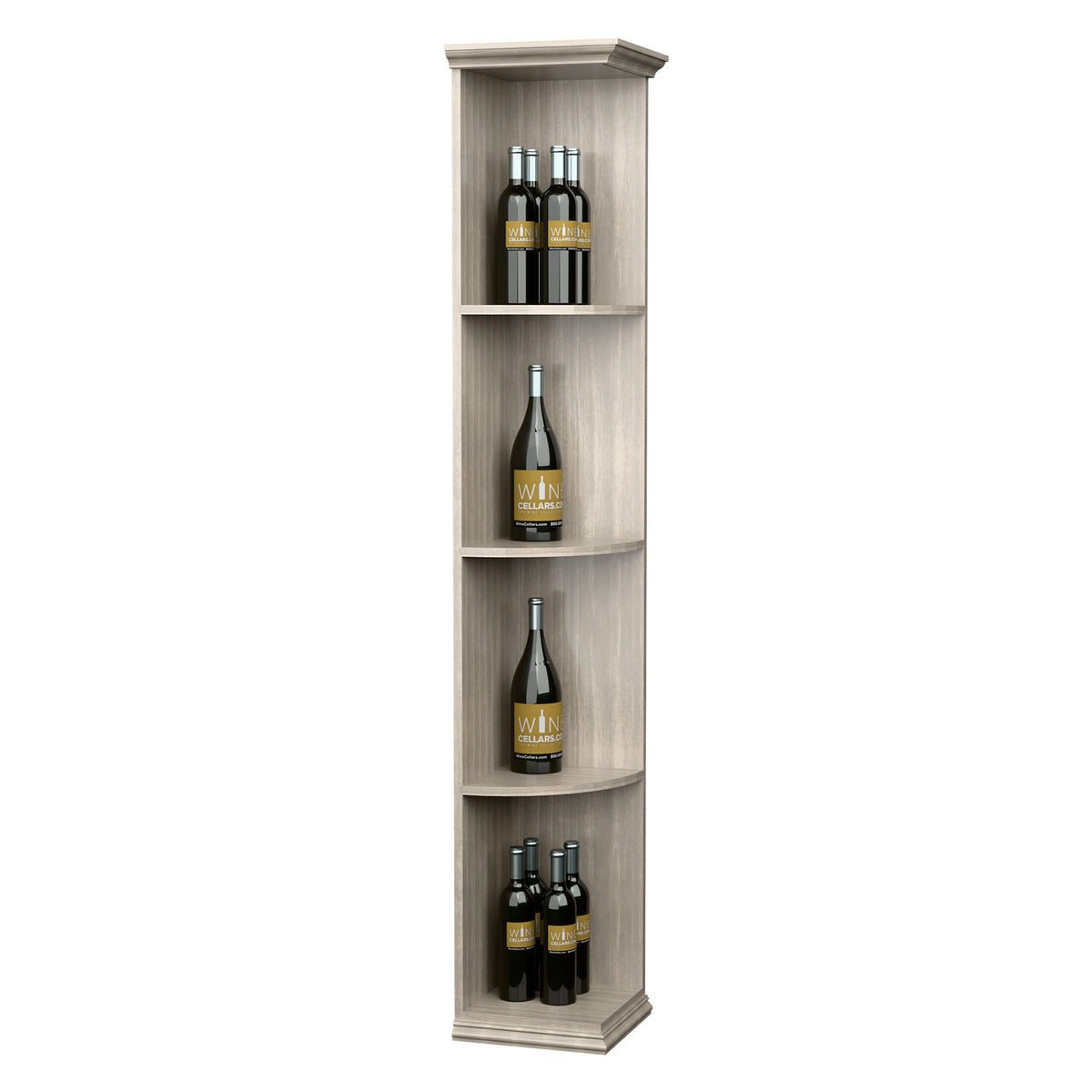 Solid corner wine shelf with square base and curved quarter-round shelves, light grey finish
