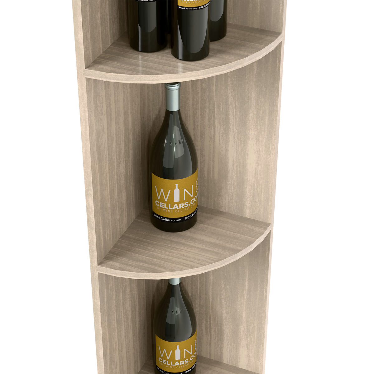 Corner wine shelf detail with curved quarter-round tiers, wine bottles on light grey wood