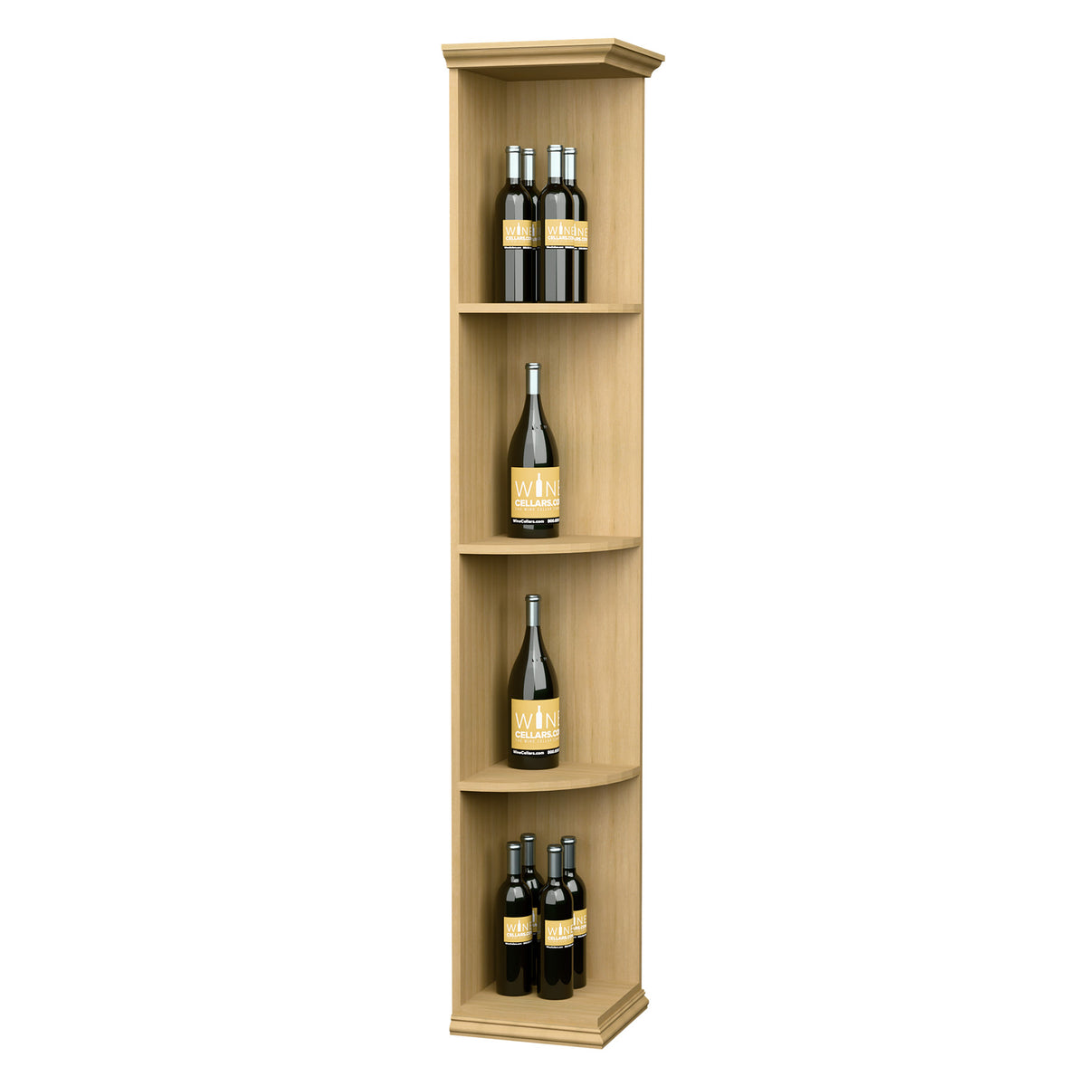 Solid corner wine shelf with square base and curved quarter-round shelves, natural light wood