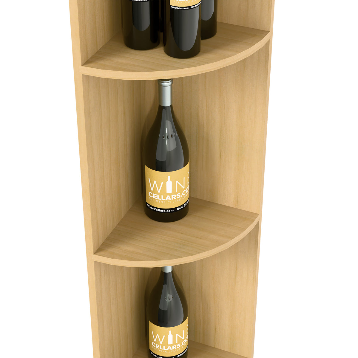 Corner wine shelf detail: curved quarter-round tiers holding wine bottles, natural light wood