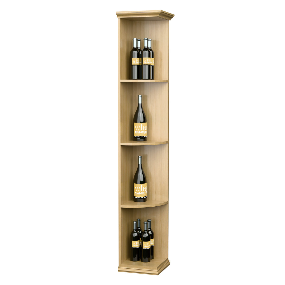 Solid corner wine shelf with square base and curved quarter-round shelves, light natural finish