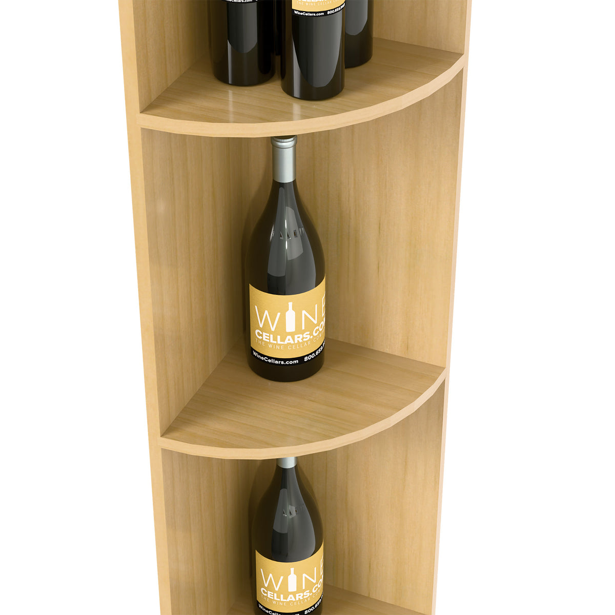 Corner wine shelf detail with curved quarter-round shelves and wine bottles, natural wood