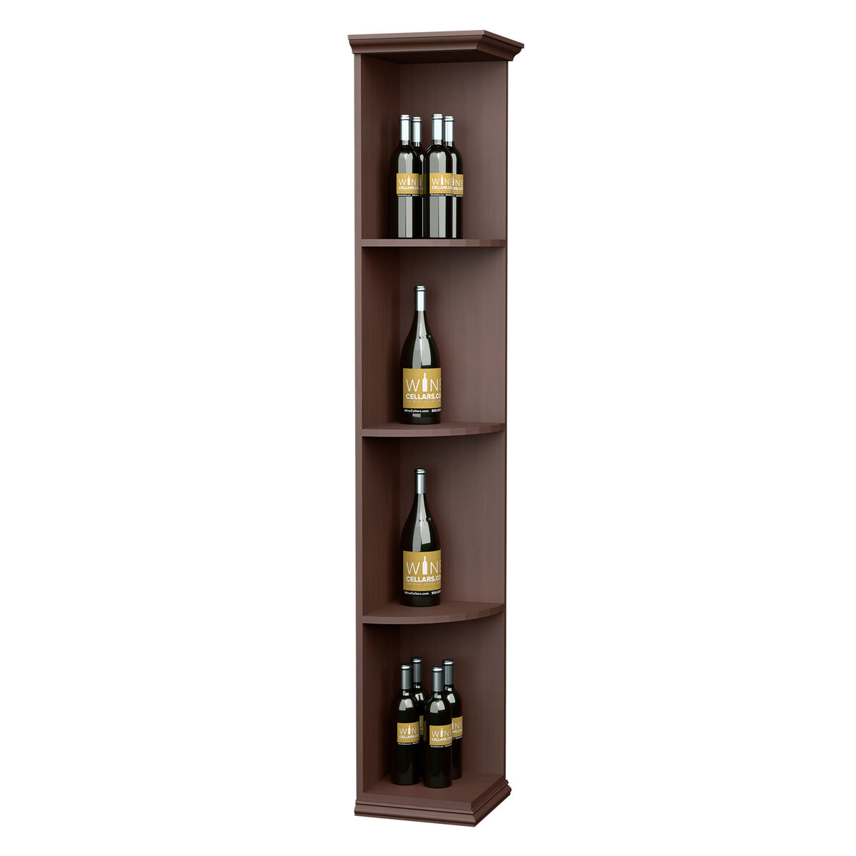 Solid corner wine shelf with square base and curved quarter-round shelves, dark brown wood