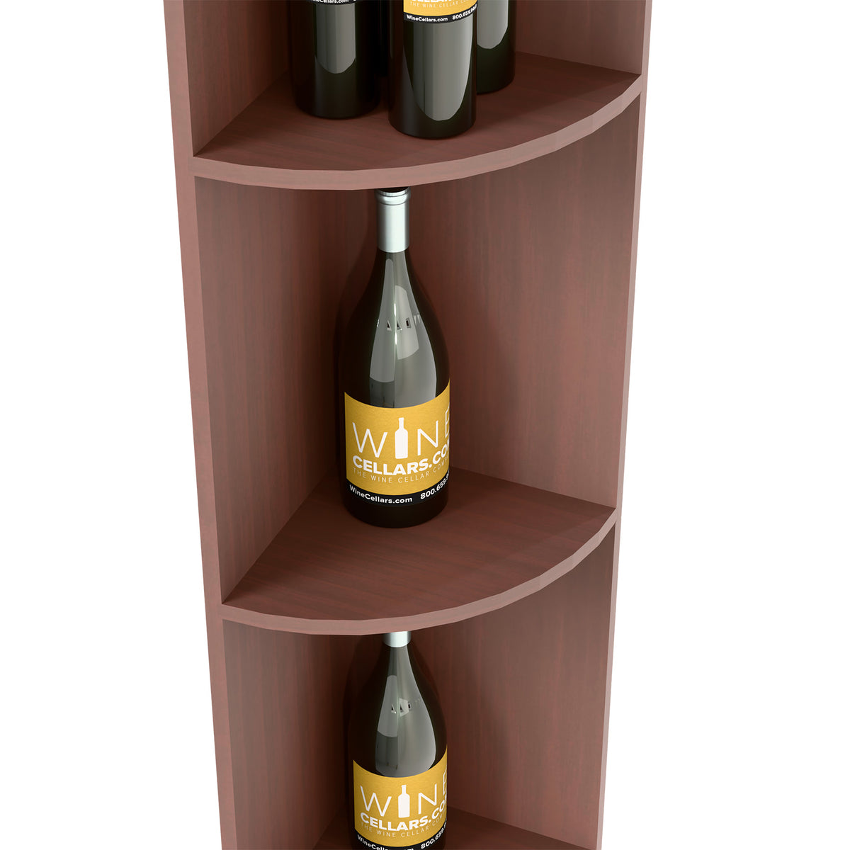 Corner wine shelf detail: curved quarter-round tiers holding wine bottles, dark brown wood