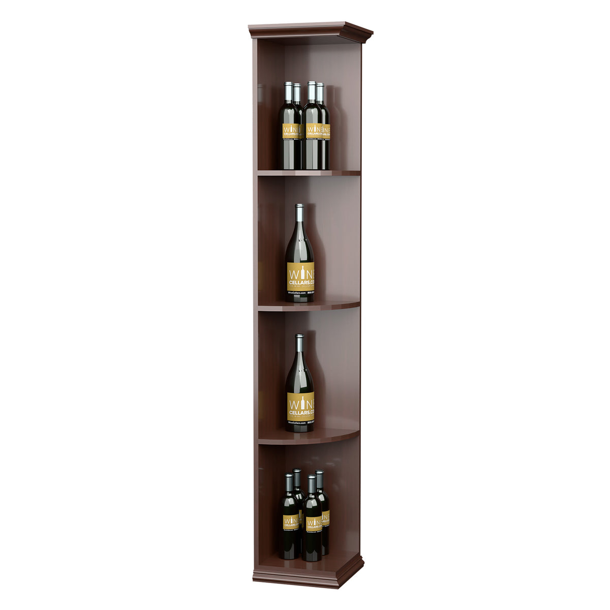 Dark wood quarter-round wine shelf with square base, four bottle slots