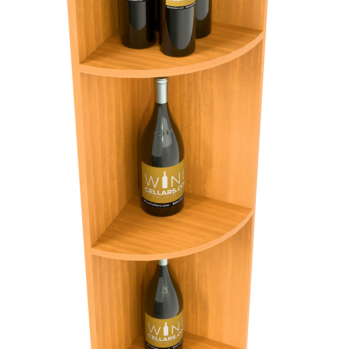 Close view of light wood quarter-round shelf holding a wine bottle