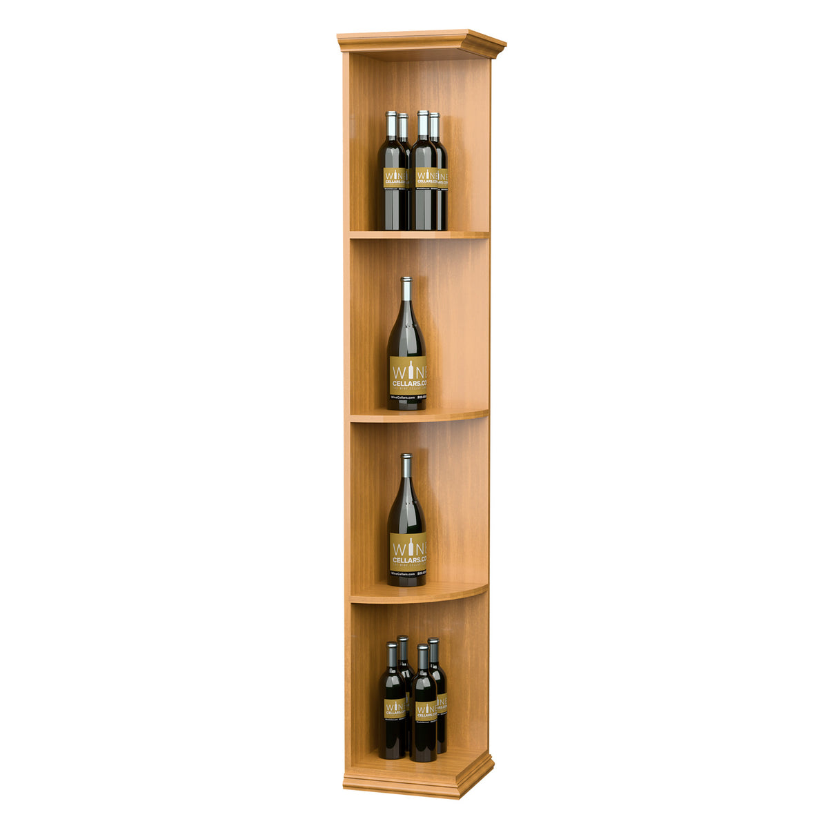 Tall light wood quarter-round wine shelf with square base, four bottle slots