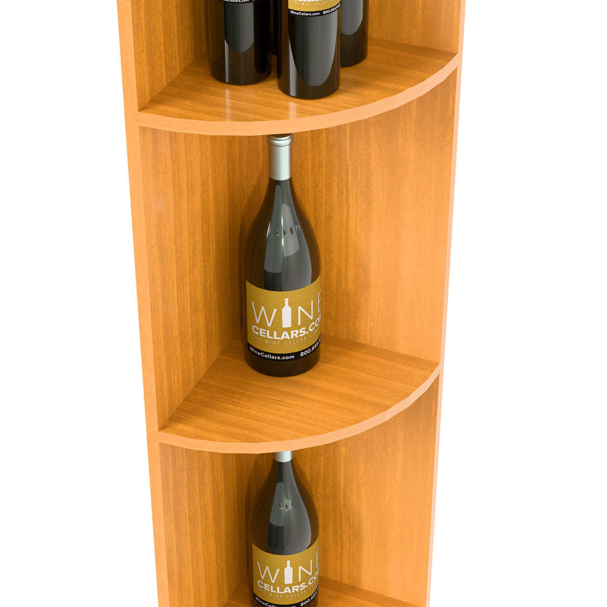 Close view of light wood quarter-round shelf with a wine bottle inside