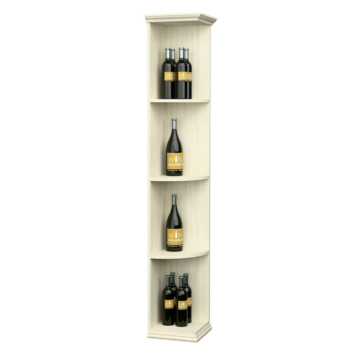 White-finished quarter-round wine shelf with square base, four bottle slots