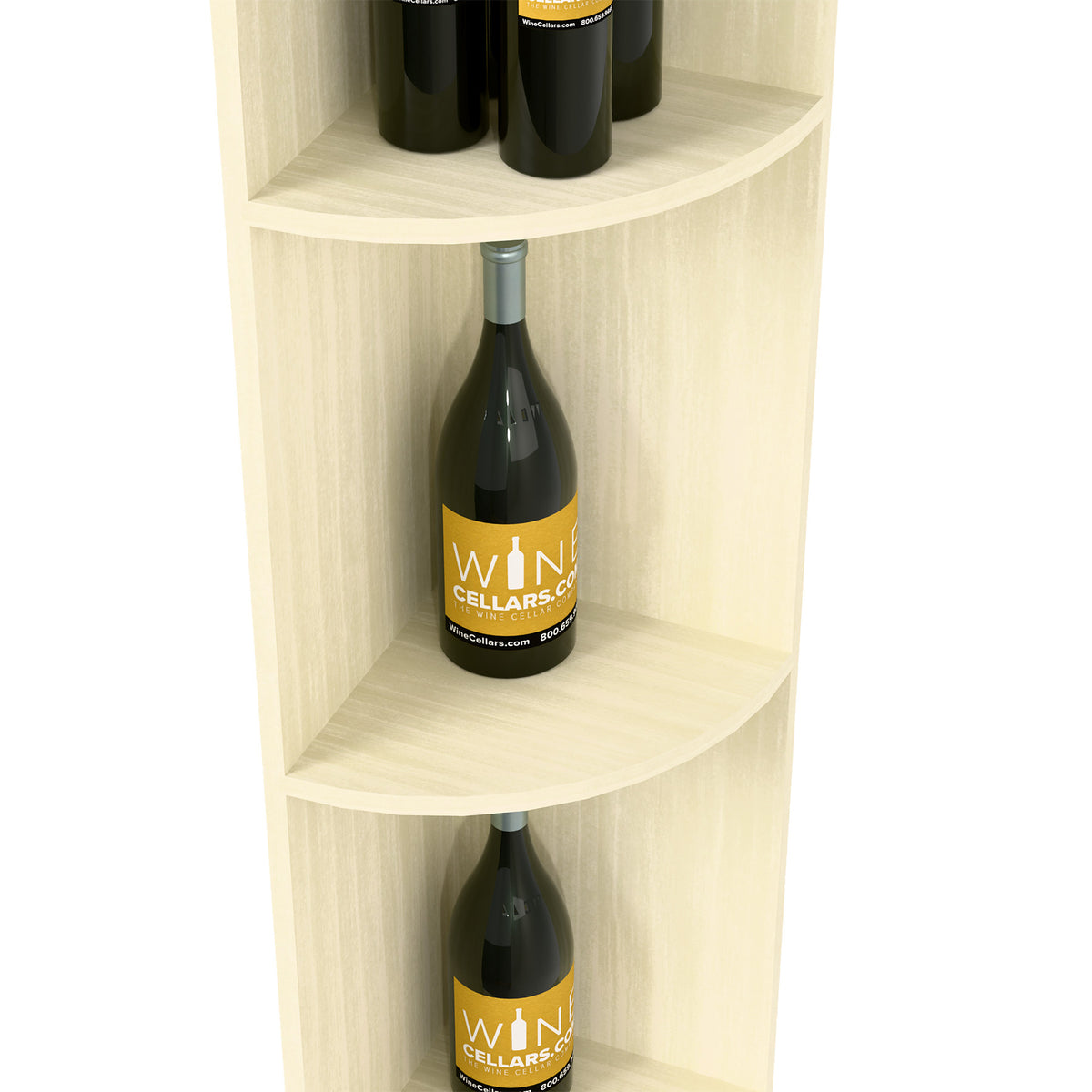 Close view of white-finished quarter-round shelf holding a wine bottle
