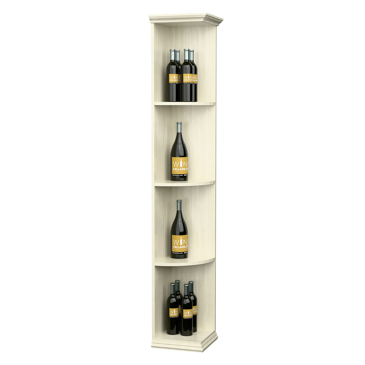 White-finished tall quarter-round wine shelf with square base, four bottle slots