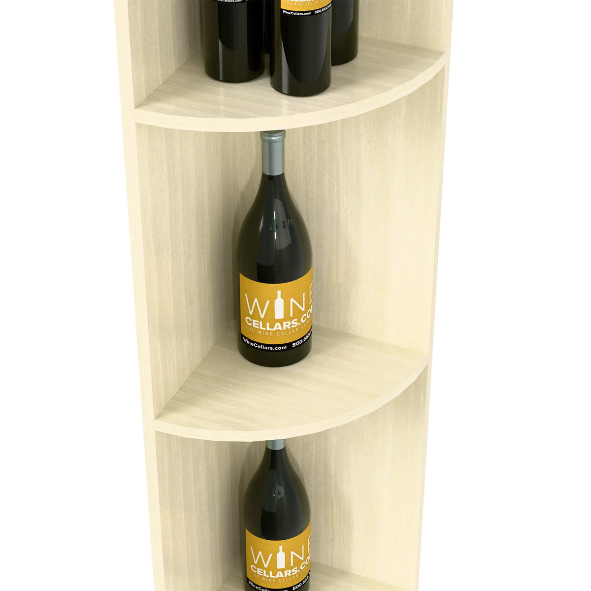 Close view of white-finished quarter-round shelf with a wine bottle inside