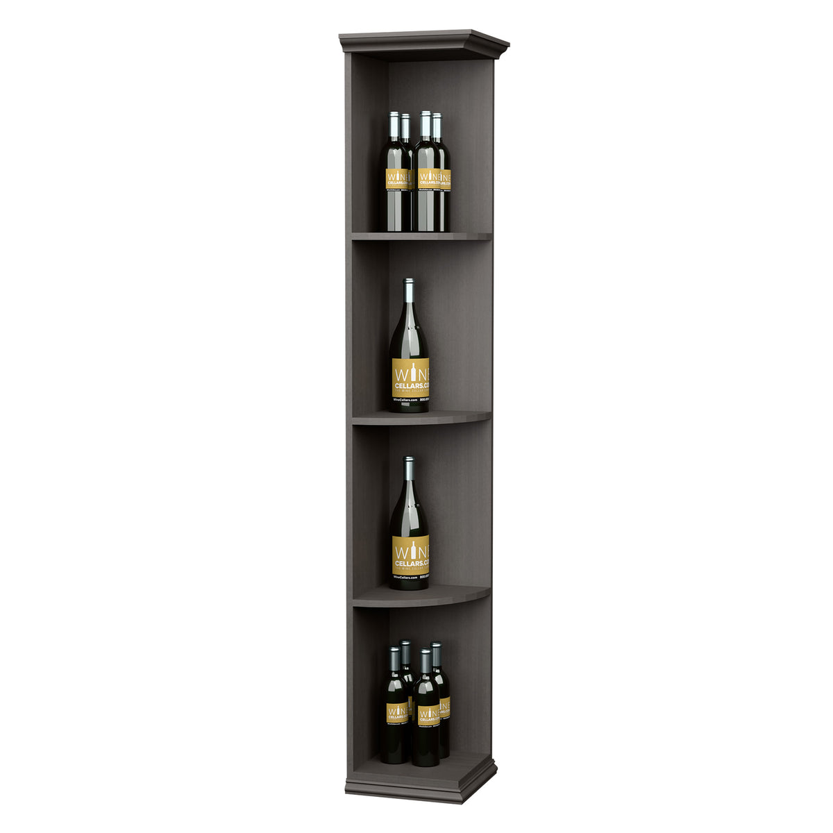Dark gray corner wine shelf with quarter-round tiers and square base, holds bottles