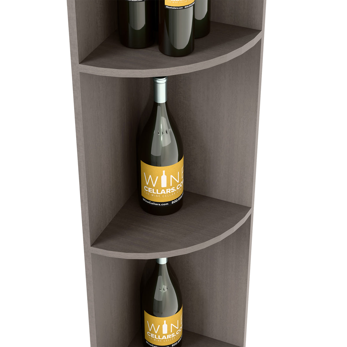 Dark gray quarter-round wine shelf showing curved bottle compartments and bottle fit