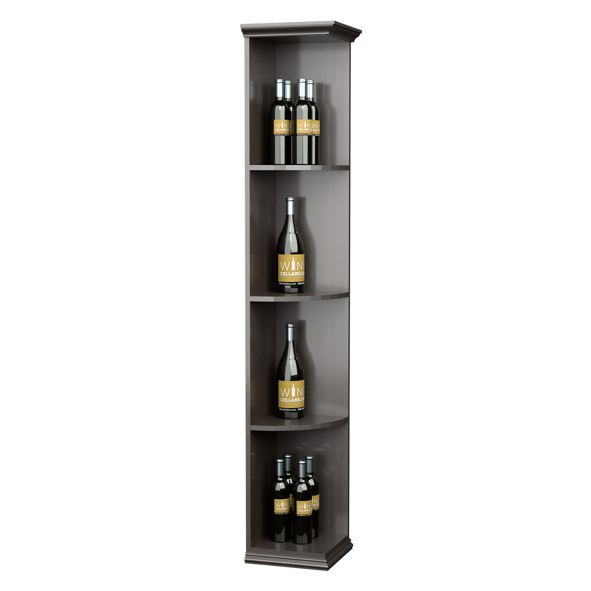 Dark gray vertical corner wine shelf with three quarter-round shelves and square base