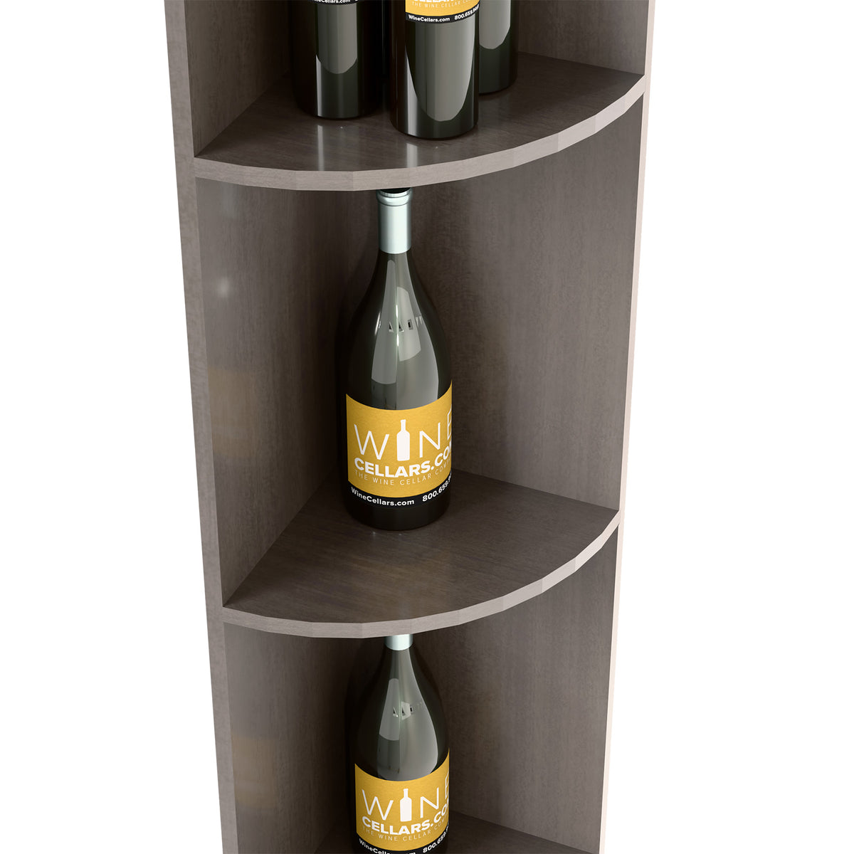 Close view of dark gray quarter-round wine shelf with curved upper and lower tiers