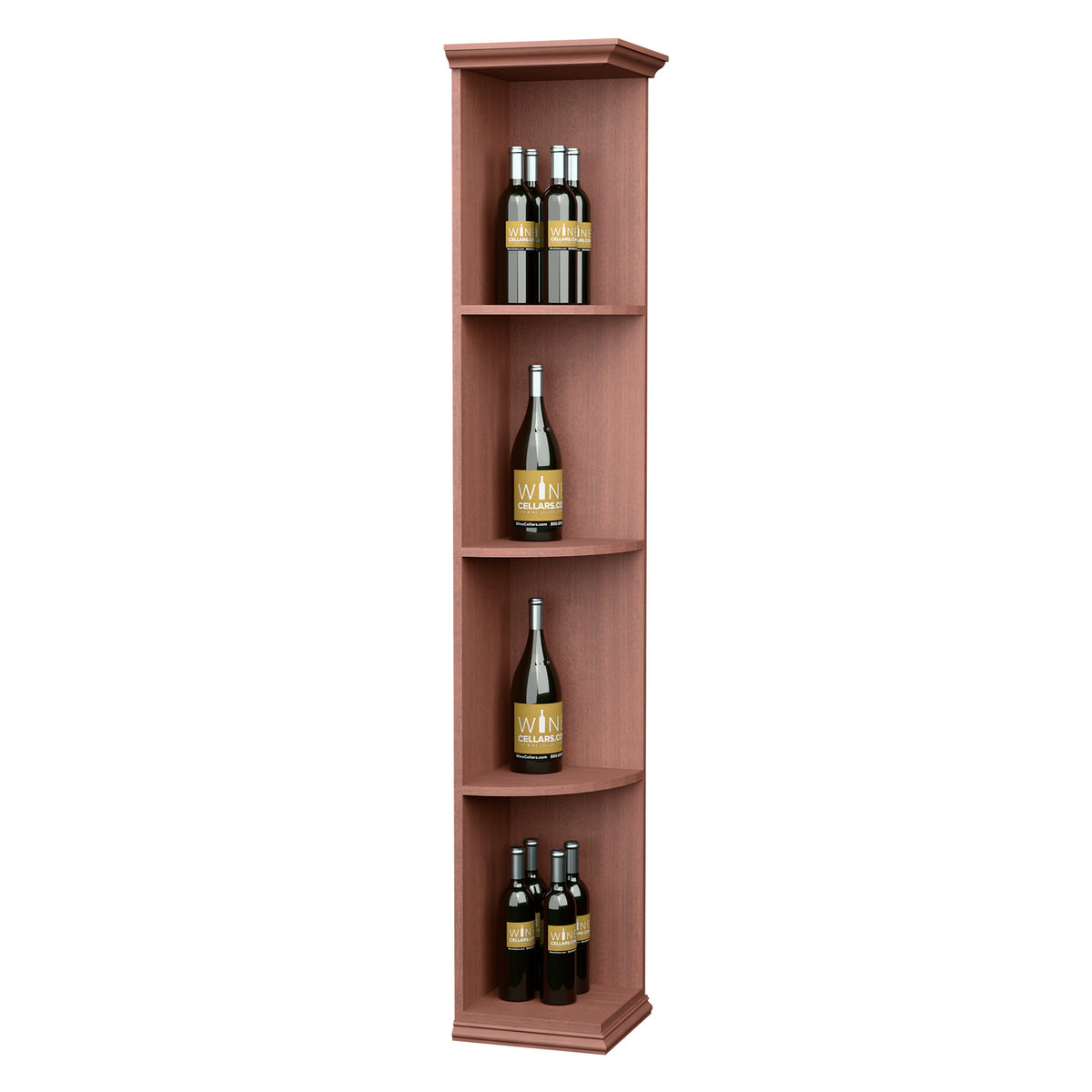 Red wood corner wine shelf with quarter-round shelves and square base, bottle storage