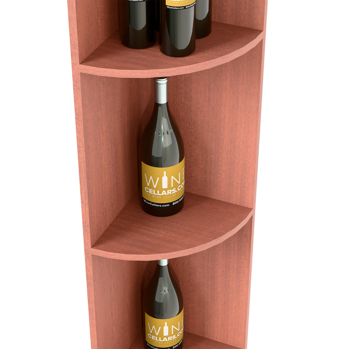 Red wood quarter-round wine shelf close-up with curved bottle compartments