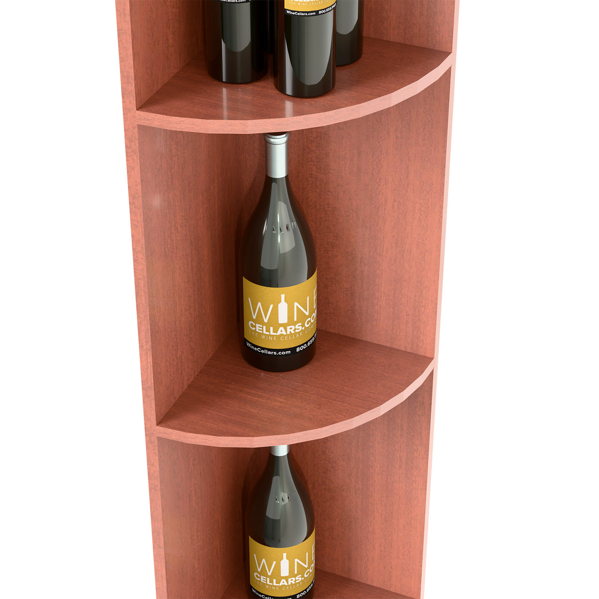 Close view of light wood quarter-round wine shelf with curved upper and middle tiers