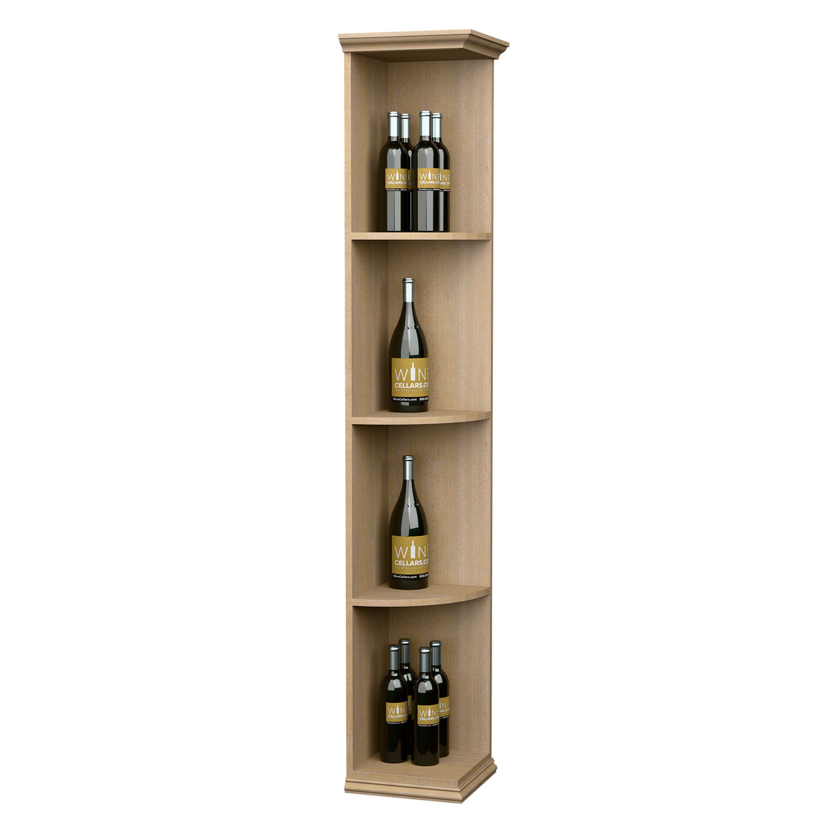 Light wood vertical corner wine shelf with three quarter-round tiers and square base