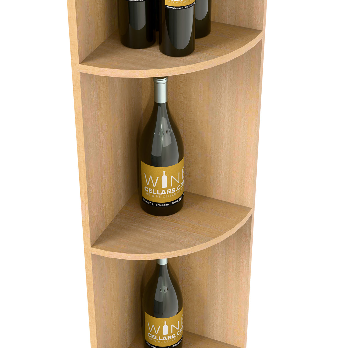 Light wood quarter-round wine shelf close-up with curved shelves for bottle display